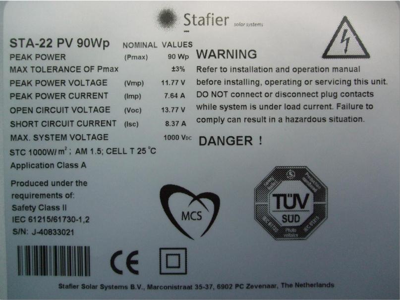 Technische Specificaties Laminaat STA-22 PV 90Wp: Type: Glas Tedlar Laminaat Output: 90Wp (ca.