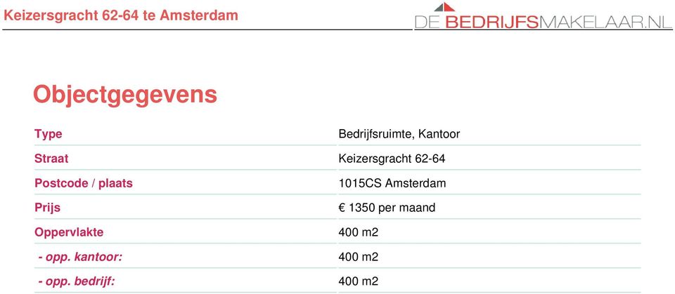 Prijs Oppervlakte 1015CS Amsterdam 1350 per