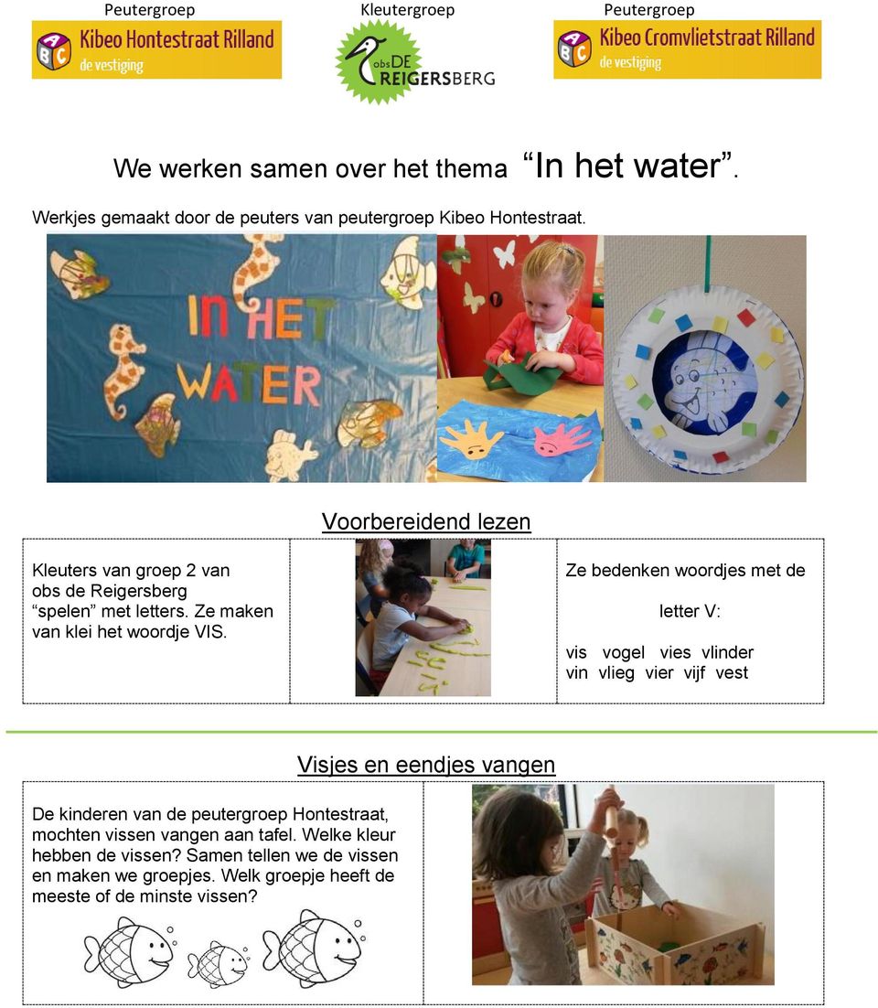 Ze bedenken woordjes met de letter V: vis vogel vies vlinder vin vlieg vier vijf vest De kinderen van de peutergroep