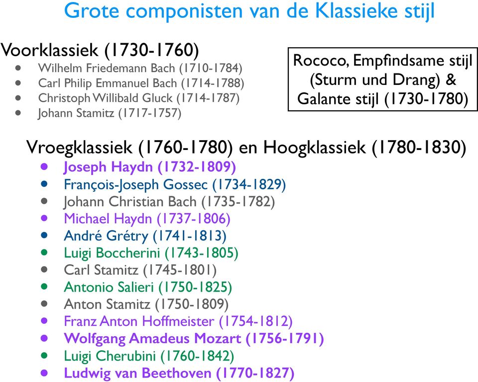 François-Joseph Gossec (1734-1829) Johann Christian Bach (1735-1782) Michael Haydn (1737-1806) André Grétry (1741-1813) Luigi Boccherini (1743-1805) Carl Stamitz (1745-1801)