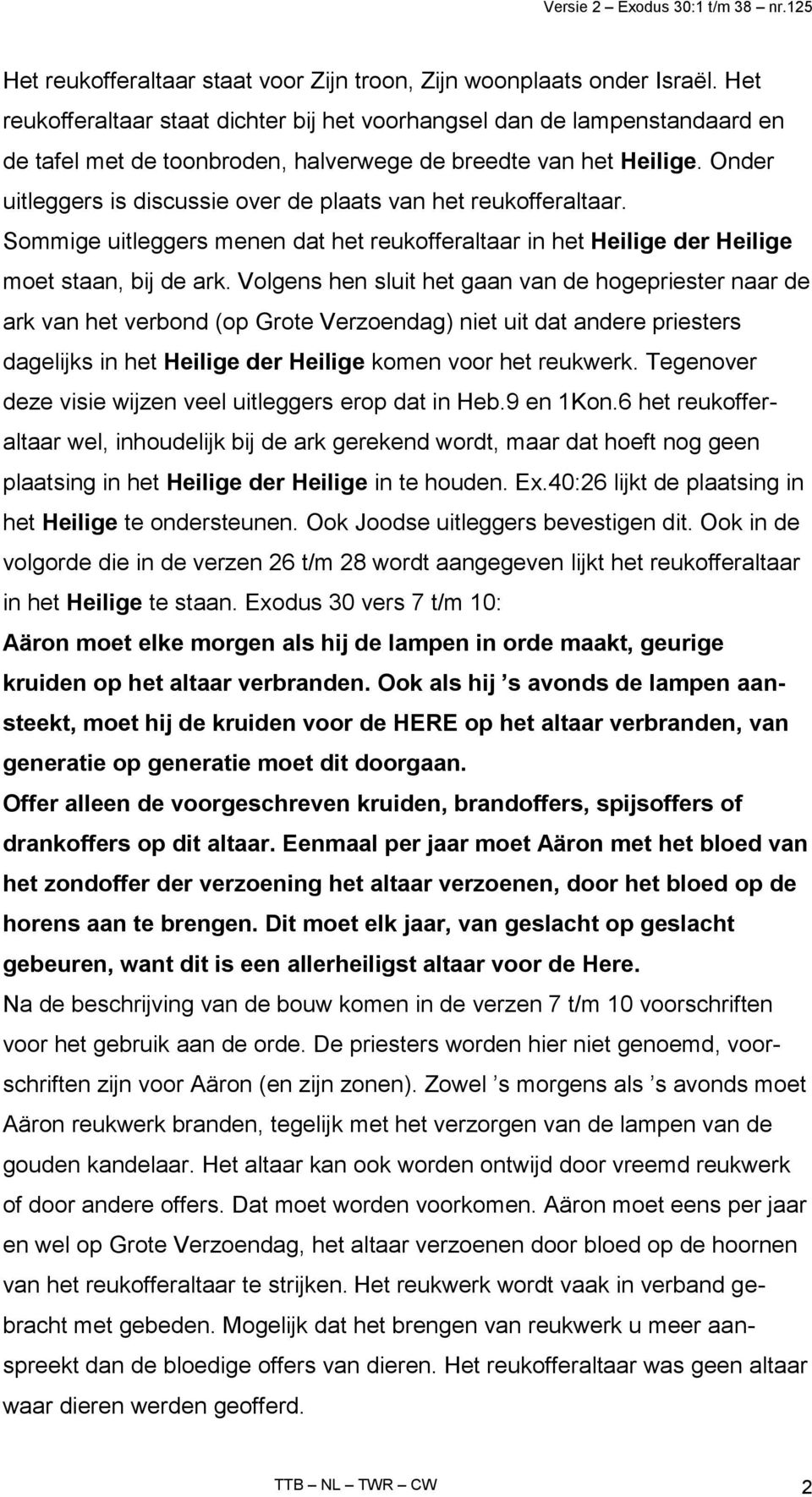 Onder uitleggers is discussie over de plaats van het reukofferaltaar. Sommige uitleggers menen dat het reukofferaltaar in het Heilige der Heilige moet staan, bij de ark.