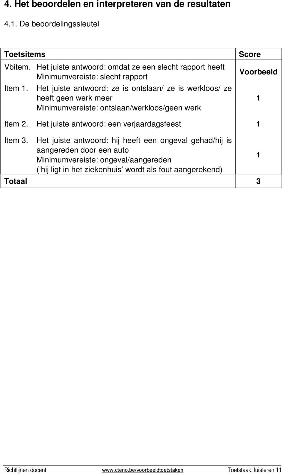 Het juiste antwoord: ze is ontslaan/ ze is werkloos/ ze heeft geen werk meer Minimumvereiste: ontslaan/werkloos/geen werk Score Voorbeeld 1 Item