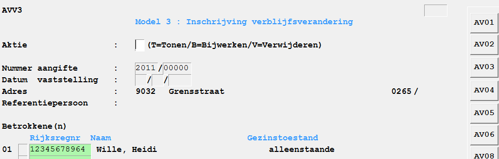 4 REGISTRATIE AV03/AV04 4.1 AV03 - REGISTRATIE NA POSITIEVE WOONSTCONTROLE 4.1.1 Algemeen Op het AV03-scherm haal je het model 2 op.