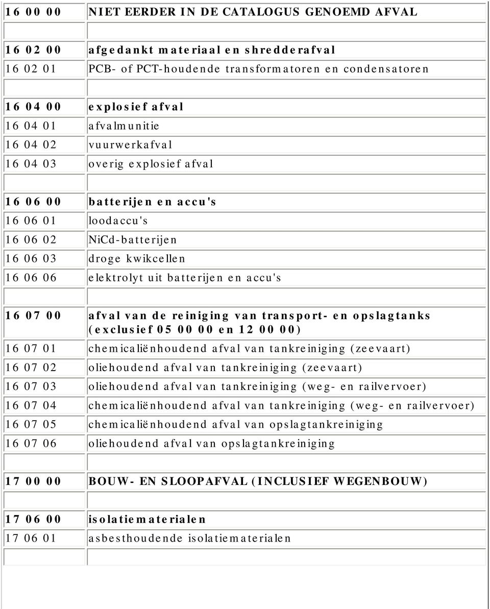 batterijen en accu's 16 07 00 afval van de reiniging van transport- en opslagtanks (exclusief 05 00 00 en 12 00 00) 16 07 01 chemicaliënhoudend afval van tankreiniging (zeevaart) 16 07 02 oliehoudend