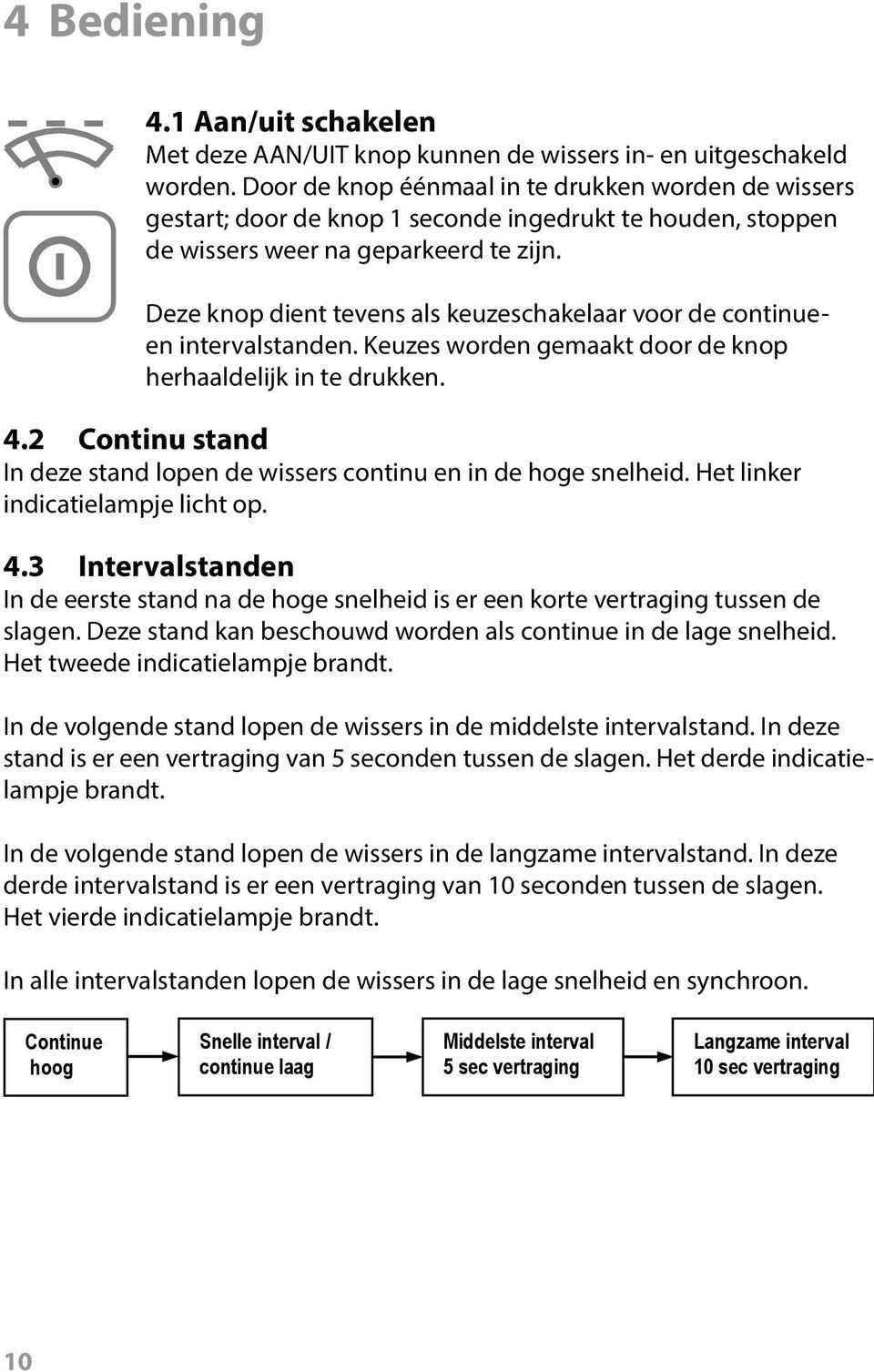 Deze knop dient tevens als keuzeschakelaar voor de continueen intervalstanden. Keuzes worden gemaakt door de knop herhaaldelijk in te drukken. 4.