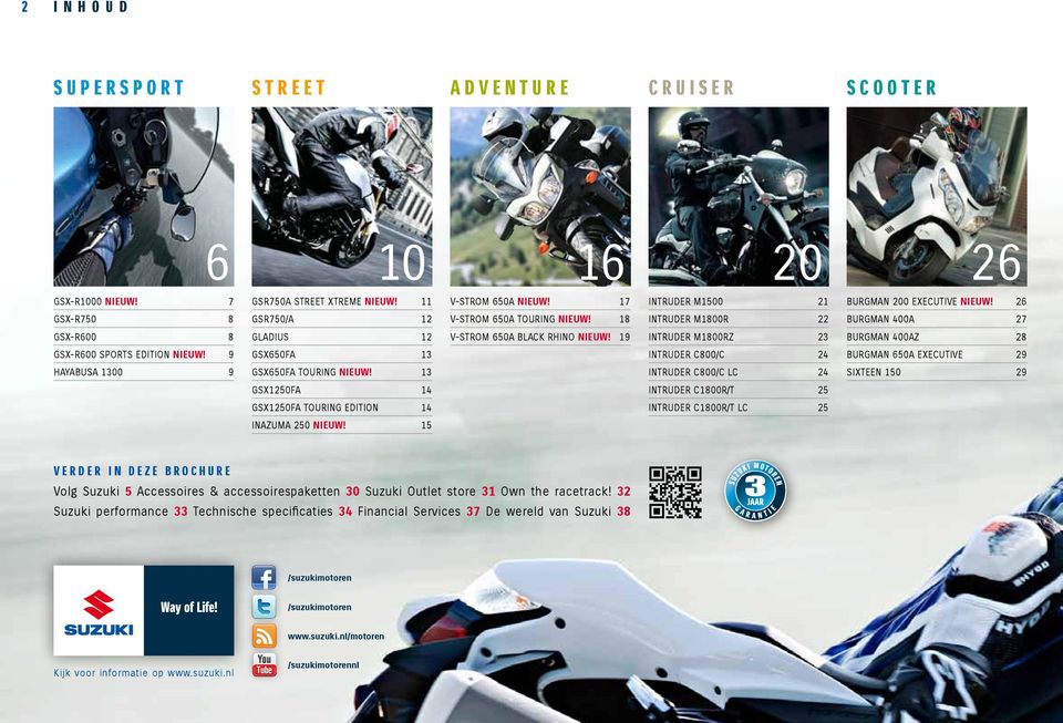 19 INTRUDER M1800RZ 23 BURGMAN 400AZ 28 GSX-R600 SPORTS EDITION NIEUW! 9 GSX650FA 13 INTRUDER C800/C 24 BURGMAN 650A EXECUTIVE 29 HAYABUSA 1300 9 GSX650FA TOURING NIEUW!