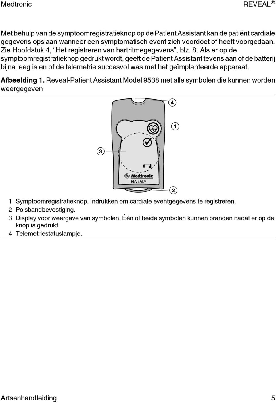 Als er op de symptoomregistratieknop gedrukt wordt, geeft de Patient Assistant tevens aan of de batterij bijna leeg is en of de telemetrie succesvol was met het geïmplanteerde apparaat.