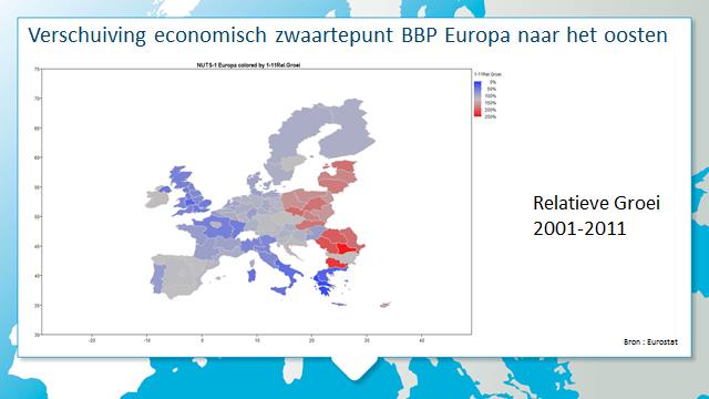 Nog duidelijker wordt het wanneer we de relatieve groei van het BBP van de verschillende NUTS1-niveaus in Europa voor de periode 2001-2011 met elkaar vergelijken.