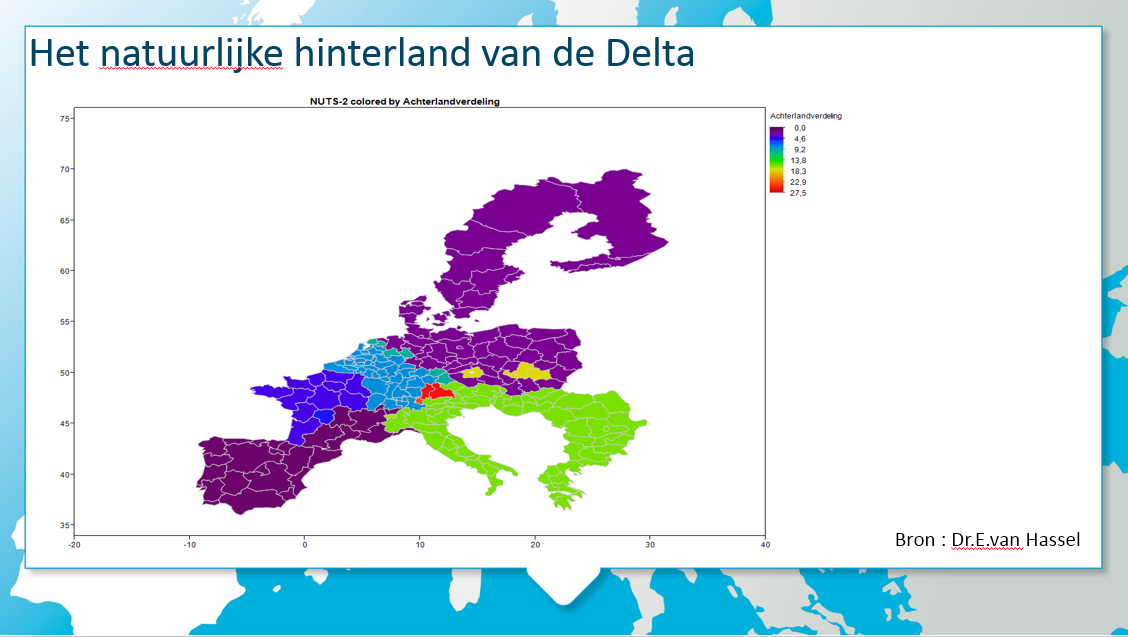 Wanneer men de hinterlandkosten van de andere Europese havenregio s mee in kaart brengt verschijnt het natuurlijke hinterland van de Delta, het blauwe gebied waar de