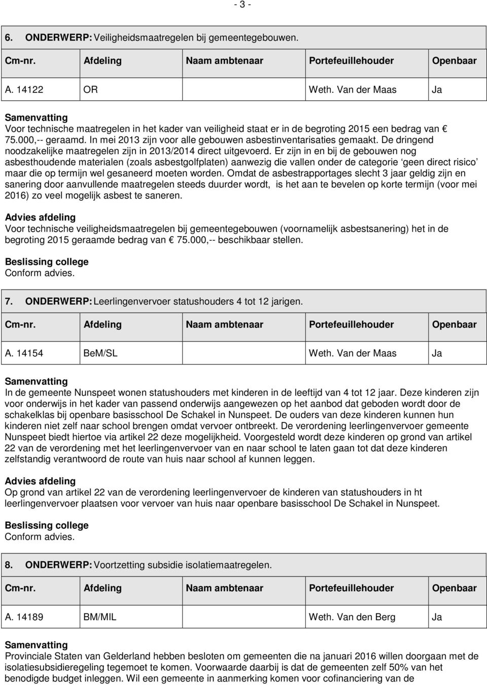 In mei 2013 zijn voor alle gebouwen asbestinventarisaties gemaakt. De dringend noodzakelijke maatregelen zijn in 2013/2014 direct uitgevoerd.