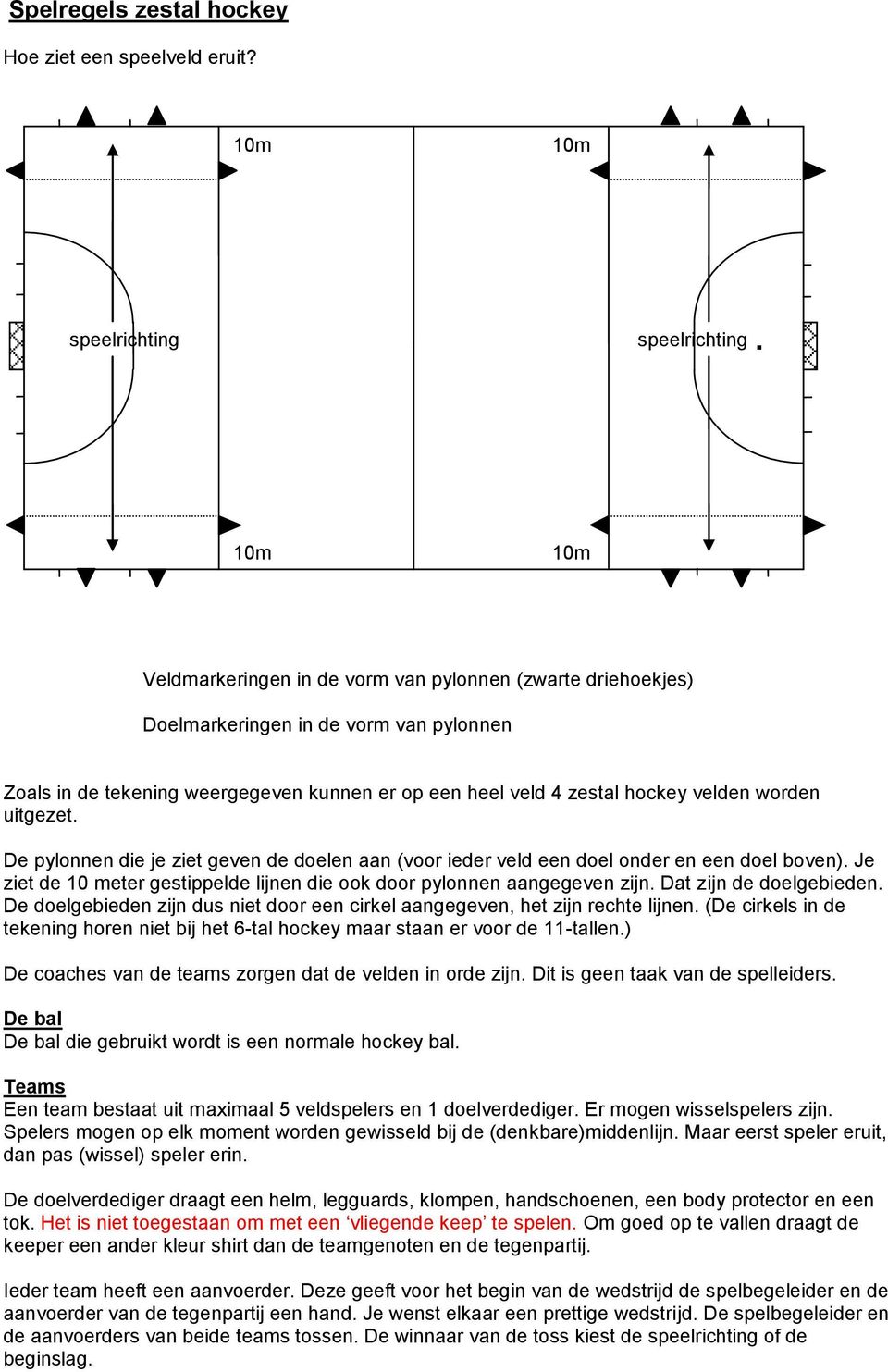 uitgezet. De pylonnen die je ziet geven de doelen aan (voor ieder veld een doel onder en een doel boven). Je ziet de 10 meter gestippelde lijnen die ook door pylonnen aangegeven zijn.