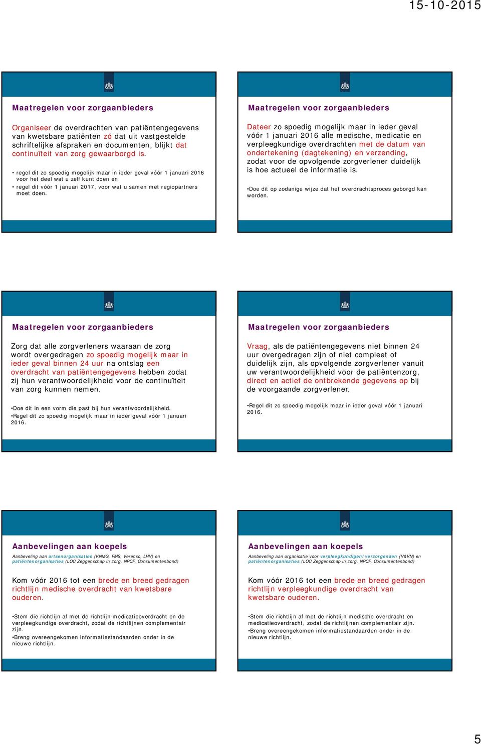 Dateer zo spoedig mogelijk maar in ieder geval vóór 1 januari 2016 alle medische, medicatie en verpleegkundige overdrachten met de datum van ondertekening (dagtekening) en verzending, zodat voor de