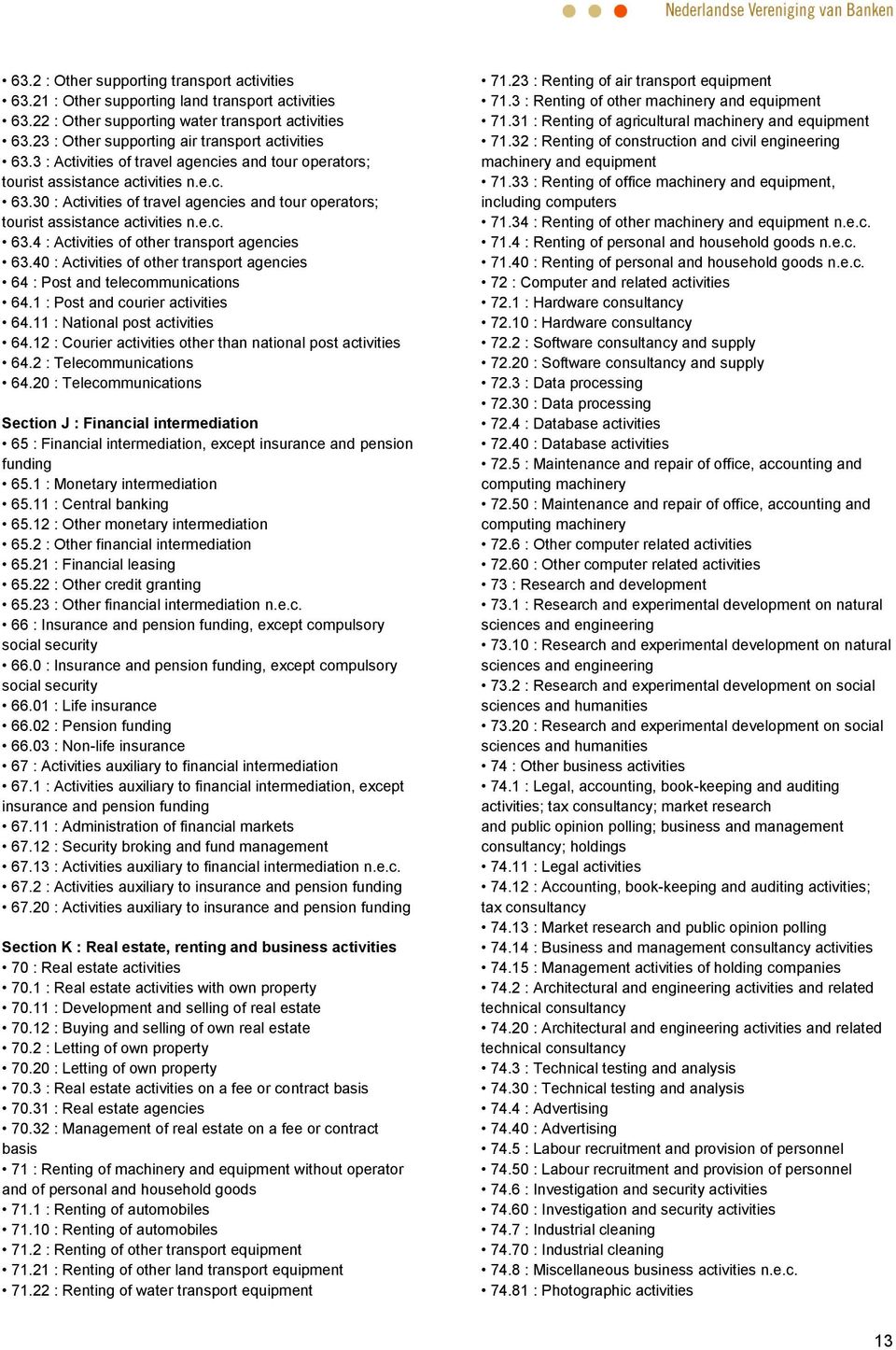 e.c. 63.4 : Activities of other transport agencies 63.40 : Activities of other transport agencies 64 : Post and telecommunications 64.1 : Post and courier activities 64.