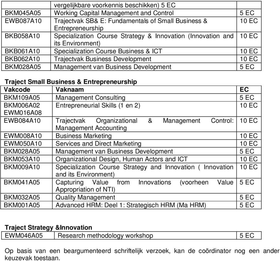 Management van Business Development 5 EC Traject Small Business & Entrepreneurship Vakcode Vaknaam EC BKM109A05 Management Consulting 5 EC BKM006A02 Entrepreneurial Skills (1 en 2) 10 EC EWM016A08