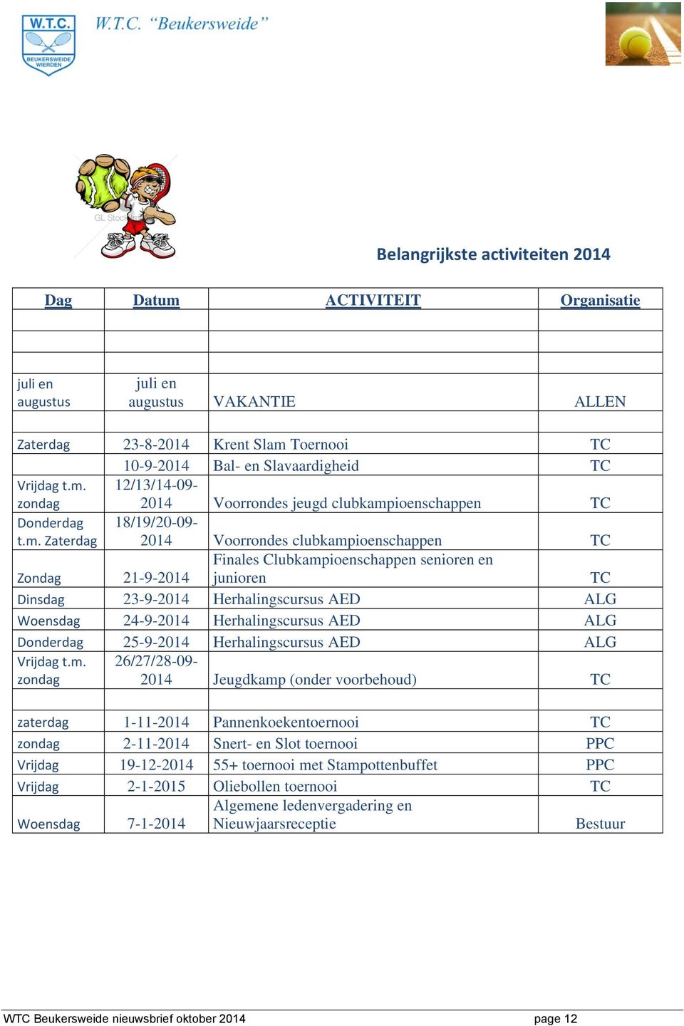senioren en junioren TC Dinsdag 23-9-2014 Herhalingscursus AED ALG Woensdag 24-9-2014 Herhalingscursus AED ALG Donderdag 25-9-2014 Herhalingscursus AED ALG Vrijdag t.m.