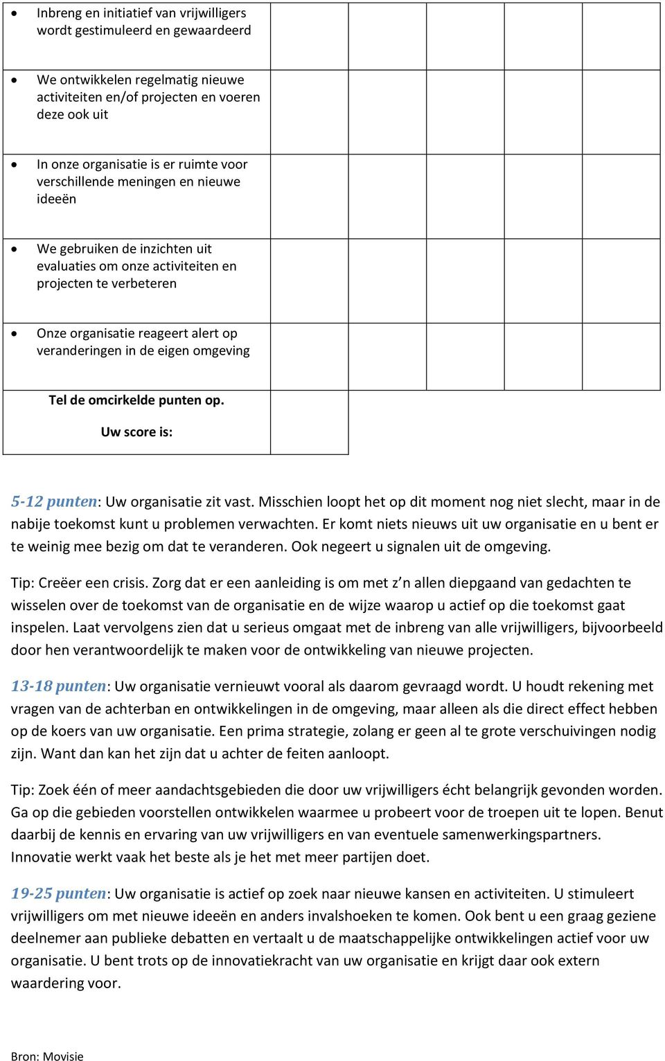 Tel de omcirkelde punten op. 5-12 punten: Uw organisatie zit vast. Misschien loopt het op dit moment nog niet slecht, maar in de nabije toekomst kunt u problemen verwachten.