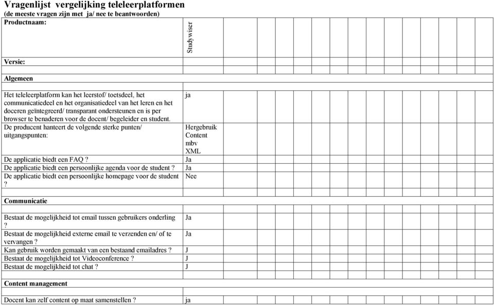 De producent hanteert de volgende sterke punten/ uitgangspunten: De applicatie biedt een FAQ De applicatie biedt een persoonlijke agenda voor de student De applicatie biedt een persoonlijke homepage