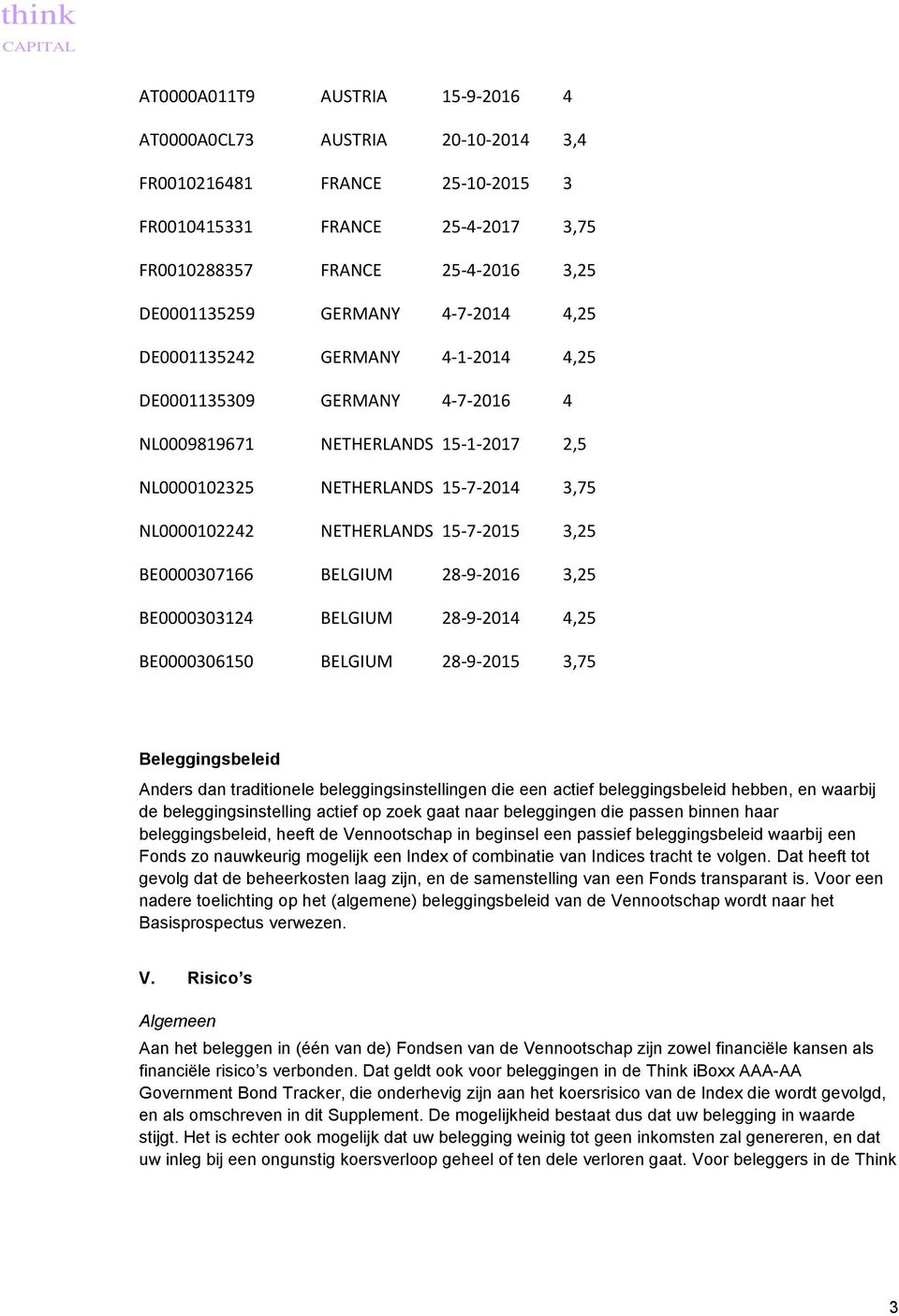 BE0000307166 BELGIUM 28-9-2016 3,25 BE0000303124 BELGIUM 28-9-2014 4,25 BE0000306150 BELGIUM 28-9-2015 3,75 Beleggingsbeleid Anders dan traditionele beleggingsinstellingen die een actief