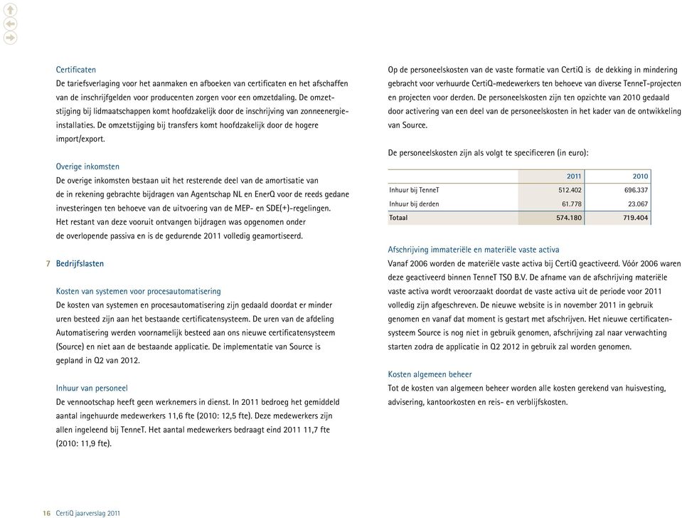 Overige inkomsten De overige inkomsten bestaan uit het resterende deel van de amortisatie van de in rekening gebrachte bijdragen van Agentschap NL en EnerQ voor de reeds gedane investeringen ten