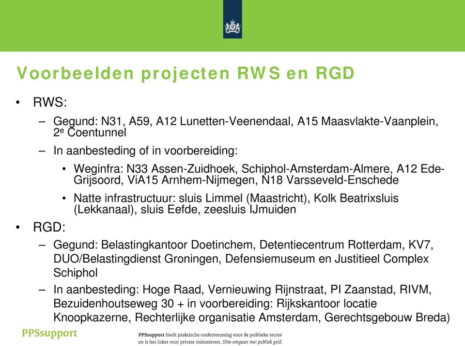 (Lekkanaal), sluis Eefde, zeesluis IJmuiden Gegund: Belastingkantoor Doetinchem, Detentiecentrum Rotterdam, KV7, DUO/Belastingdienst Groningen, Defensiemuseum en Justitieel Complex