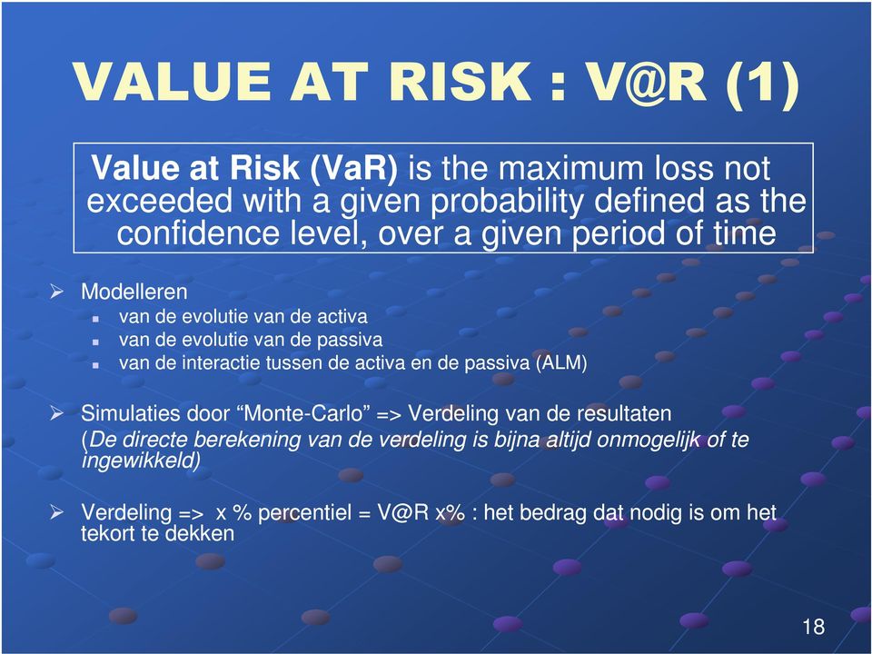 tussen de activa en de passiva (ALM) Simulaties door Monte-Carlo => Verdeling van de resultaten (De directe berekening van de