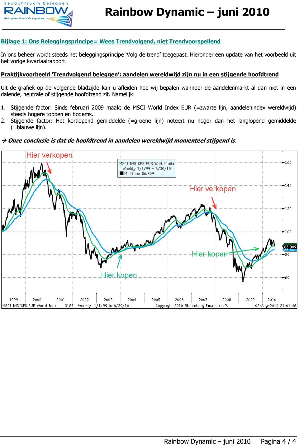 Praktijkvoorbeeld Trendvolgend beleggen : aandelen wereldwijd zijn nu in een stijgende hoofdtrend Uit de grafiek op de volgende bladzijde kan u afleiden hoe wij bepalen wanneer de aandelenmarkt al