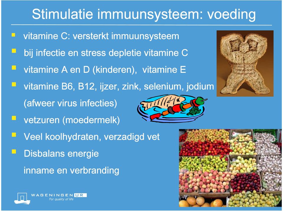 vitamine B6, B12, ijzer, zink, selenium, jodium (afweer virus infecties) vetzuren