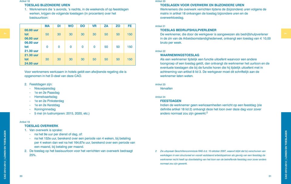 Werknemers die overwerk verrichten tijdens de (bijzondere) uren volgens de matrix in artikel 18 ontvangen de toeslag bijzondere uren en de overwerktoeslag. 7 MA DI WO DO VR ZA ZO FE 00.