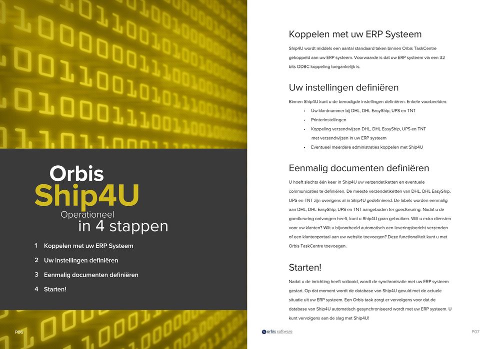 DHL EasyShip, UPS en TNT met verzendwijzen in uw ERP systeem Orbis Operationeel in 4 stappen 1 Koppelen met uw ERP Systeem 2 Uw instellingen definiëren 3 Eenmalig documenten definiëren Eventueel