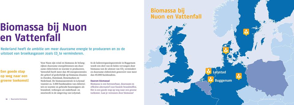 Vattenfall heeft meer dan 40 energiecentrales die geheel of gedeeltelijk op biomassa draaien in Zweden, Duitsland, Denemarken en Nederland. De biomassacentrale in Lelystad voorziet ca. 5.