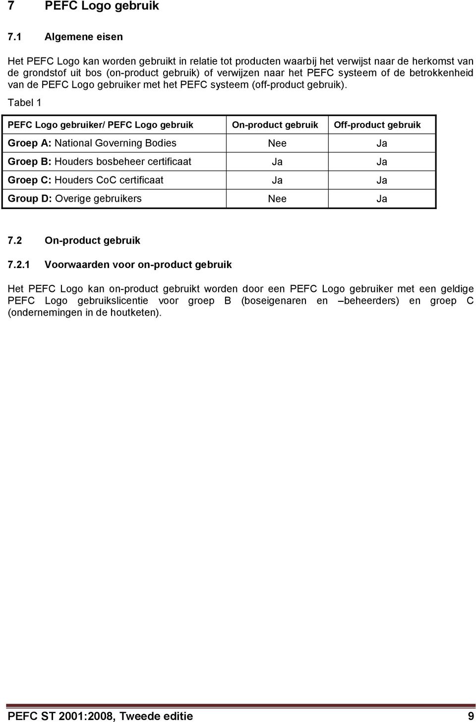 de betrokkenheid van de PEFC Logo gebruiker met het PEFC systeem (off-product gebruik).