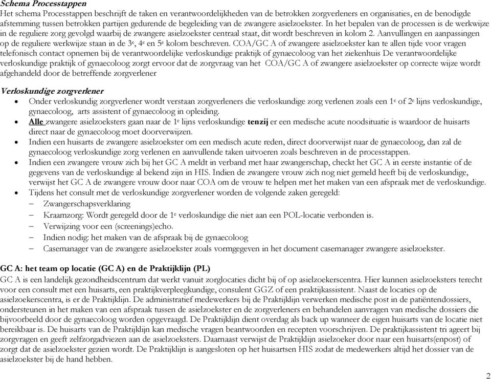 In het bepalen van de processen is de werkwijze in de reguliere zorg gevolgd waarbij de zwangere asielzoekster centraal staat, dit wordt beschreven in kolom 2.