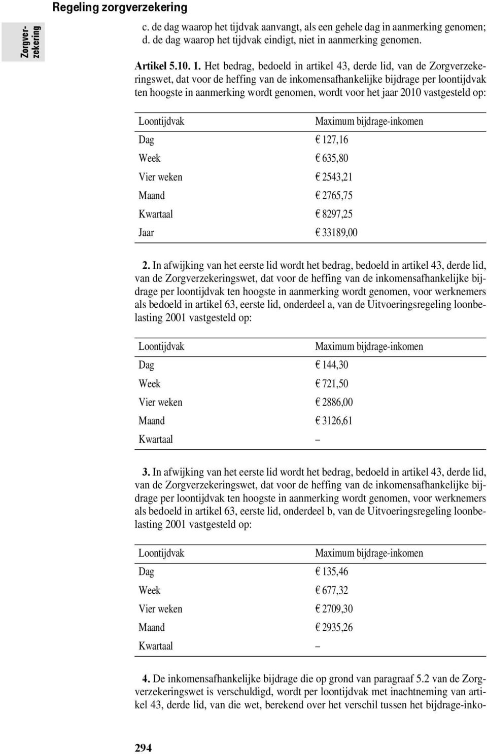 het jaar 2010 vastgesteld op: Loontijdvak Maximum bijdrage-inkomen Dag 127,16 Week 635,80 Vier weken 2543,21 Maand 2765,75 Kwartaal 8297,25 Jaar 33189,00 2.
