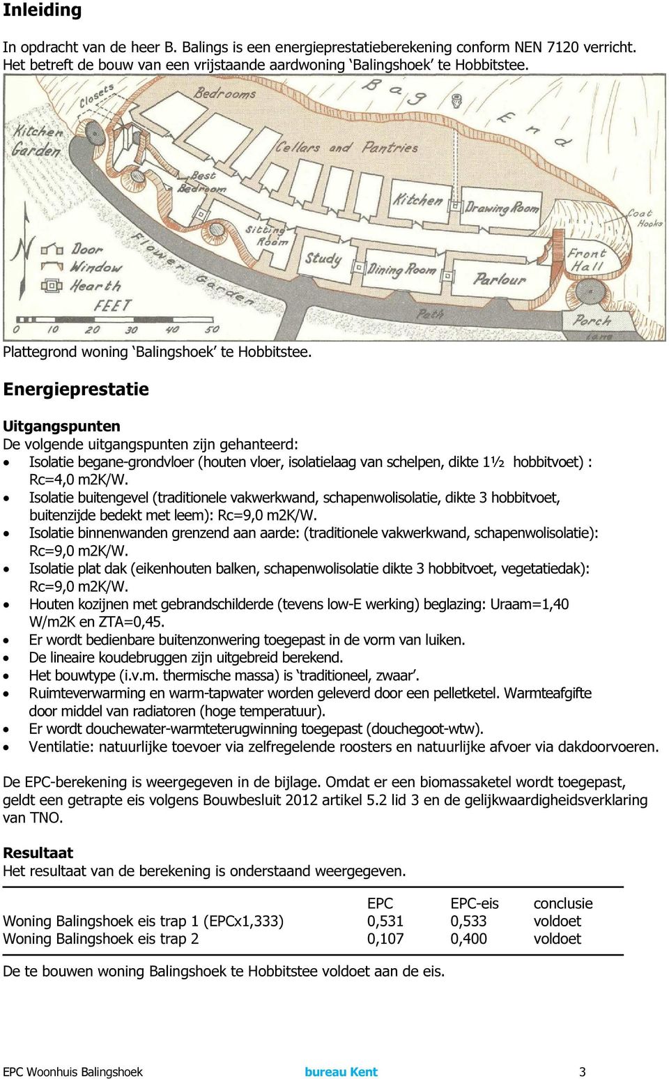 Energieprestatie Uitgangspunten De volgende uitgangspunten zijn gehanteerd: Isolatie begane-grondvloer (houten vloer, isolatielaag van schelpen, dikte 1½ hobbitvoet) : Rc=4,0 m2k/w.