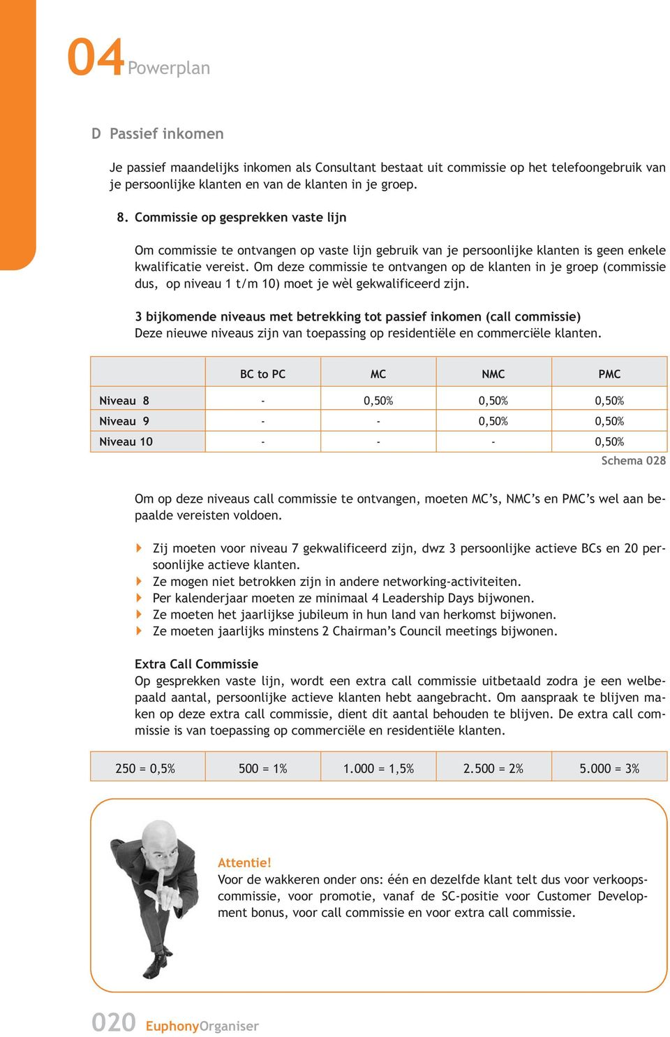 Om deze commissie te ontvangen op de klanten in je groep (commissie dus, op niveau 1 t/m 10) moet je wèl gekwalificeerd zijn.