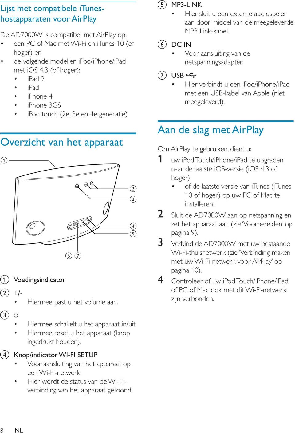 c Hiermee schakelt u het apparaat in/uit. Hiermee reset u het apparaat (knop ingedrukt houden). d Knop/indicator WI-FI SETUP Voor aansluiting van het apparaat op een Wi-Fi-netwerk.