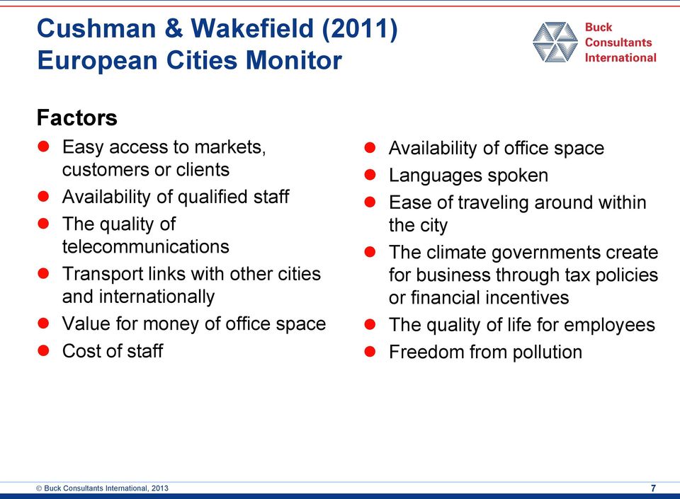 Availability of office space Languages spoken Ease of traveling around within the city The climate governments create for business