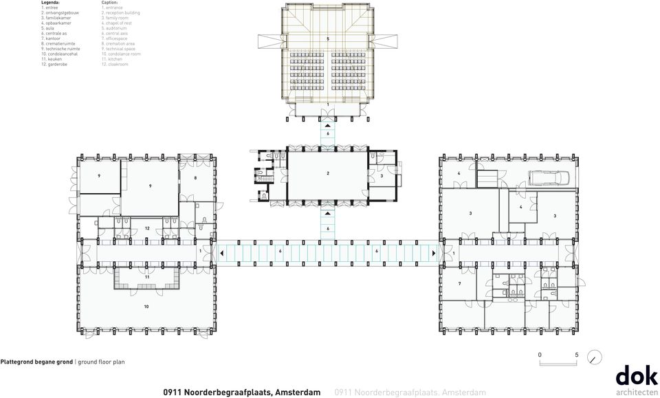 reception building 3. family room 4. chapel of rest 5. auditorium 6. central axis 7. officespace 8. cremation area 9.