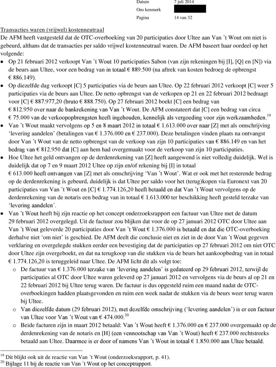 De AFM baseert haar oordeel op het volgende: Op 21 februari 2012 verkoopt Van t Wout 10 participaties Sabon (van zijn rekeningen bij [I], [Q] en [N]) via de beurs aan Ultee, voor een bedrag van in