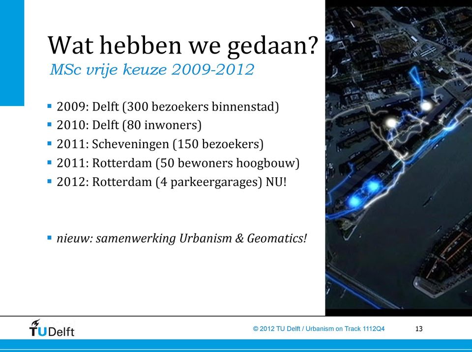 2010: Delft (80 inwoners) 2011: Scheveningen (150 bezoekers) 2011: