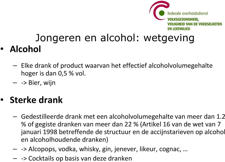 2 % of gegiste dranken van meer dan 22 % (Artikel 16 van de wet van 7 januari 1998 betreffende de structuur en de