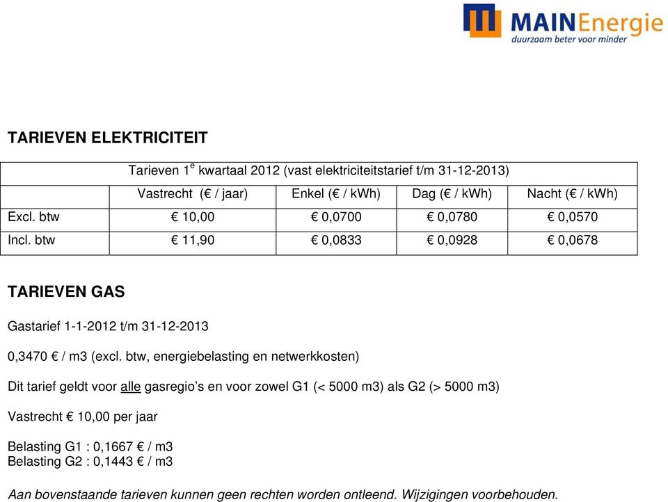btw, energiebelasting en netwerkkosten) Dit tarief geldt voor alle gasregio s en voor zowel G1 (< 5000 m3) als G2 (> 5000 m3) Vastrecht 10,00 per