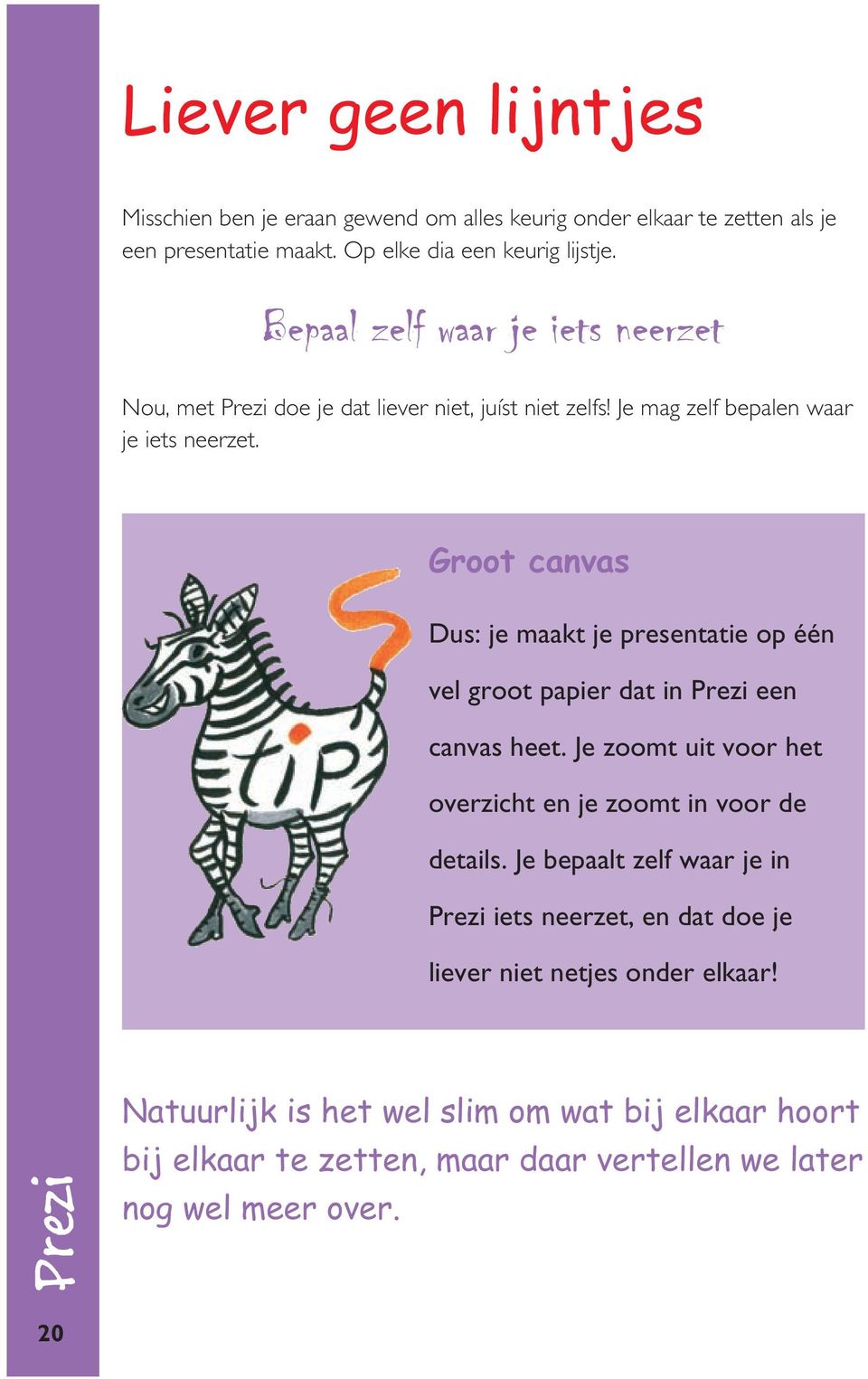 Groot canvas Dus: je maakt je presentatie op één vel groot papier dat in Prezi een canvas heet. Je zoomt uit voor het overzicht en je zoomt in voor de details.