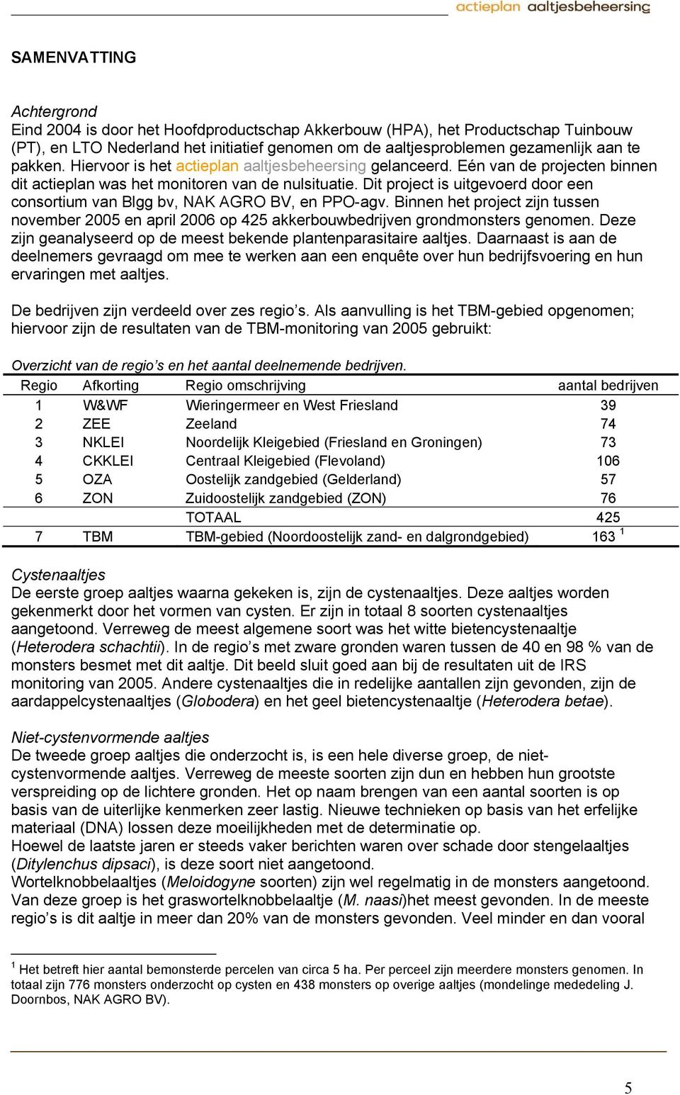 Dit project is uitgevoerd door een consortium van Blgg bv, NAK AGRO BV, en PPO-agv. Binnen het project zijn tussen november 2005 en april 2006 op 425 akkerbouwbedrijven grondmonsters genomen.