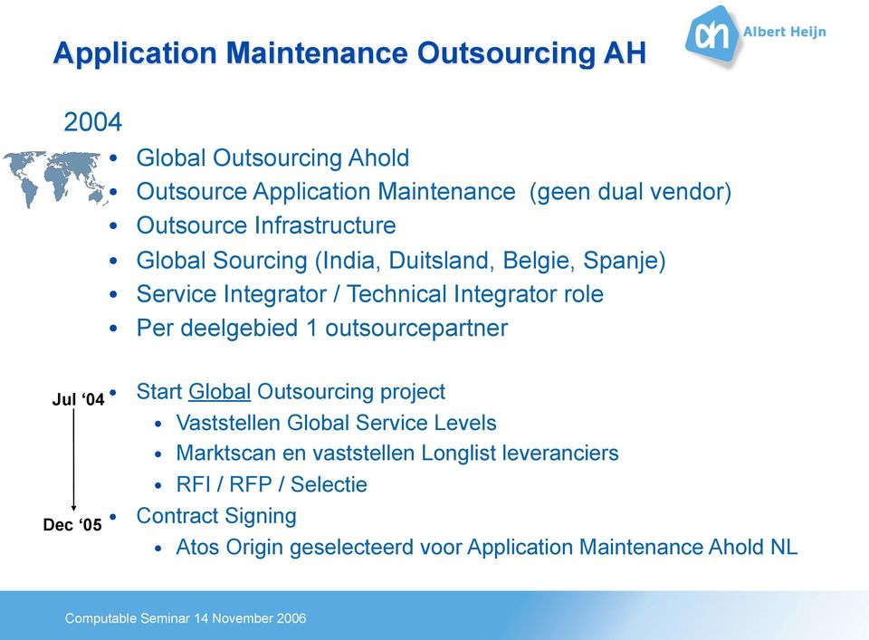 deelgebied 1 outsourcepartner Start Global Outsourcing project Vaststellen Global Service Levels Marktscan en