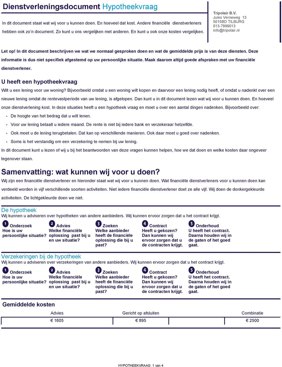 In dit document beschrijven we wat we normaal gesproken doen en wat de gemiddelde prijs is van deze diensten. Deze informatie is dus niet specifiek afgestemd op uw persoonlijke situatie.