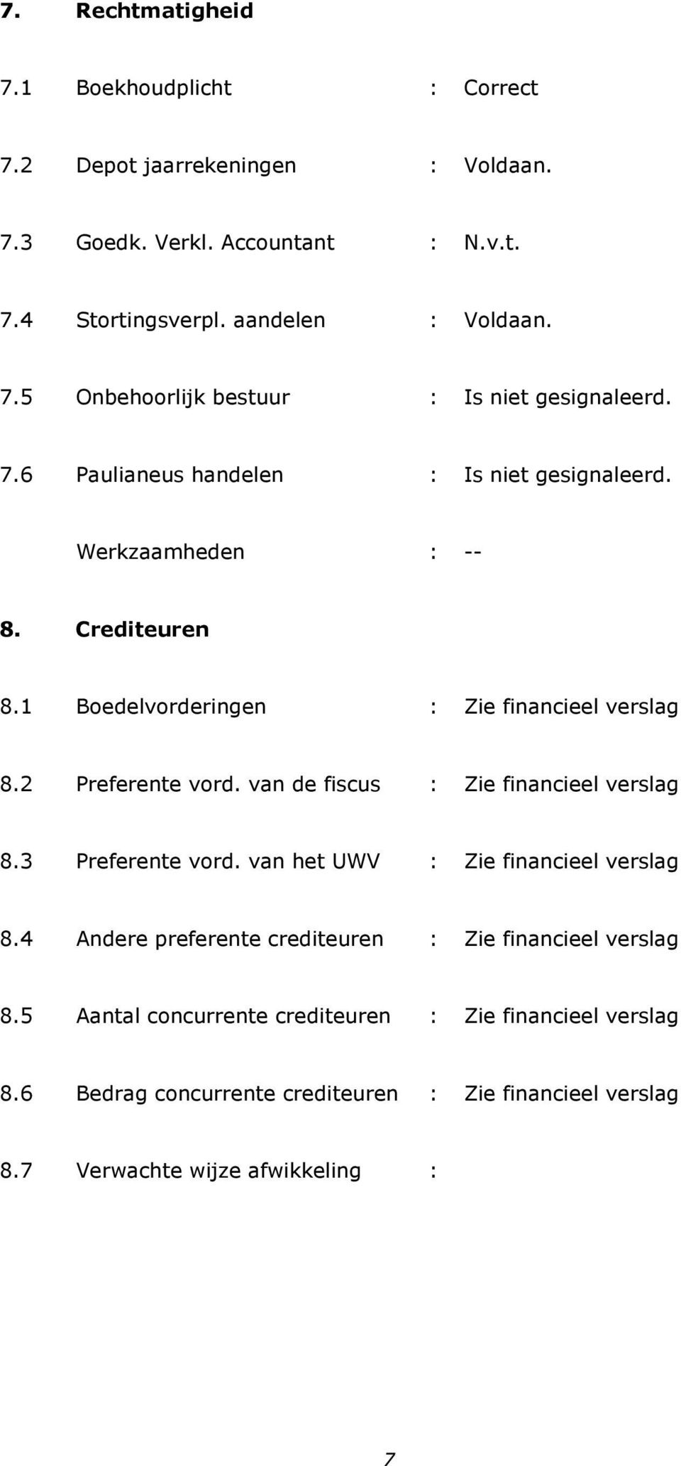 van de fiscus : Zie financieel verslag 8.3 Preferente vord. van het UWV : Zie financieel verslag 8.4 Andere preferente crediteuren : Zie financieel verslag 8.