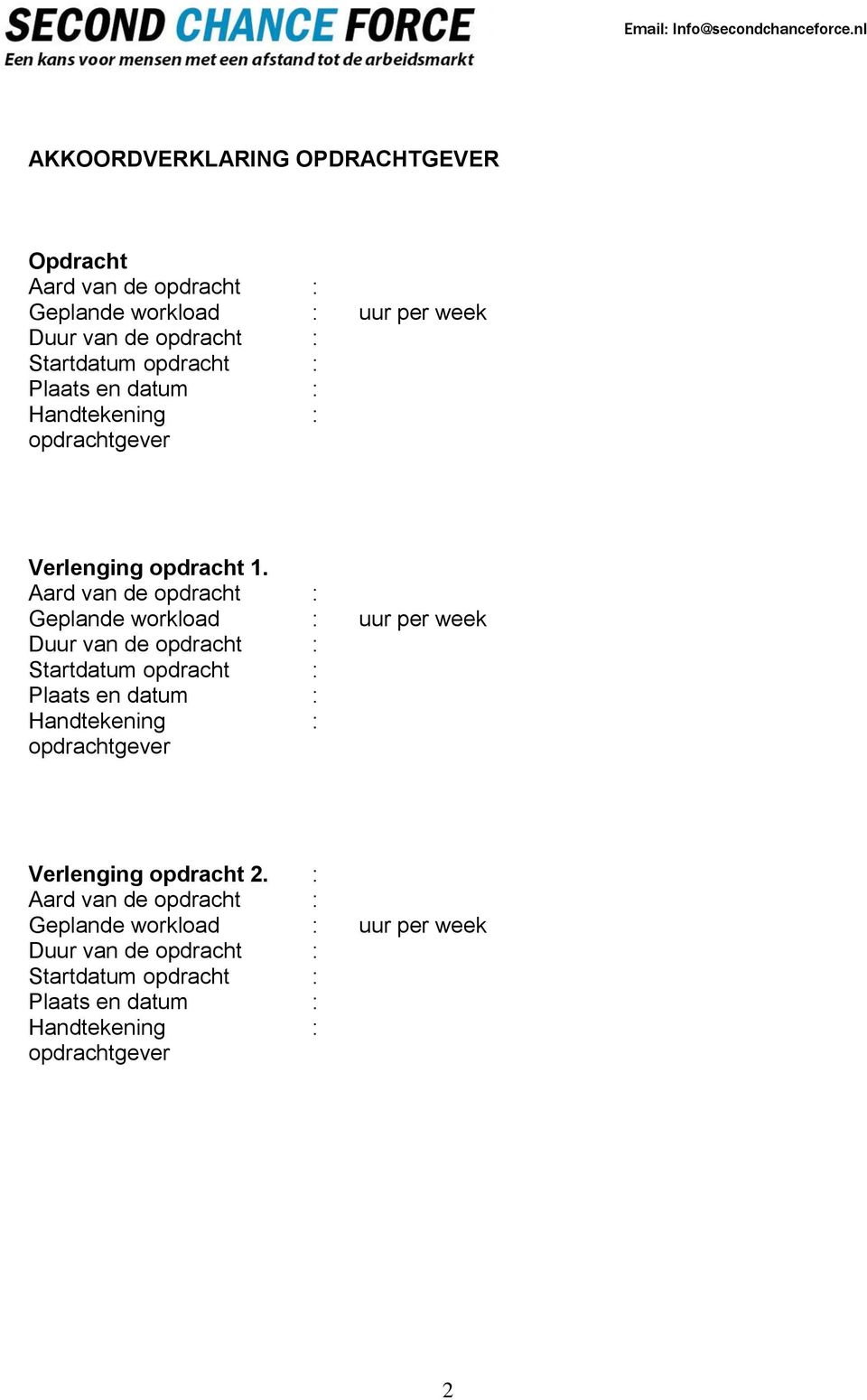 Aard van de opdracht Geplande workload uur per week Duur van de opdracht Startdatum opdracht Plaats en datum Handtekening