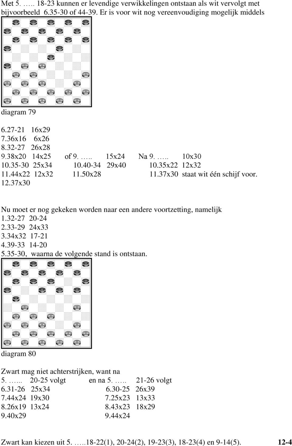 32-27 20-24 2.33-29 24x33 3.34x32 17-21 4.39-33 14-20 5.35-30, waarna de volgende stand is ontstaan. diagram 80 Zwart mag niet achterstrijken, want na 5.... 20-25 volgt en na 5... 21-26 volgt 6.