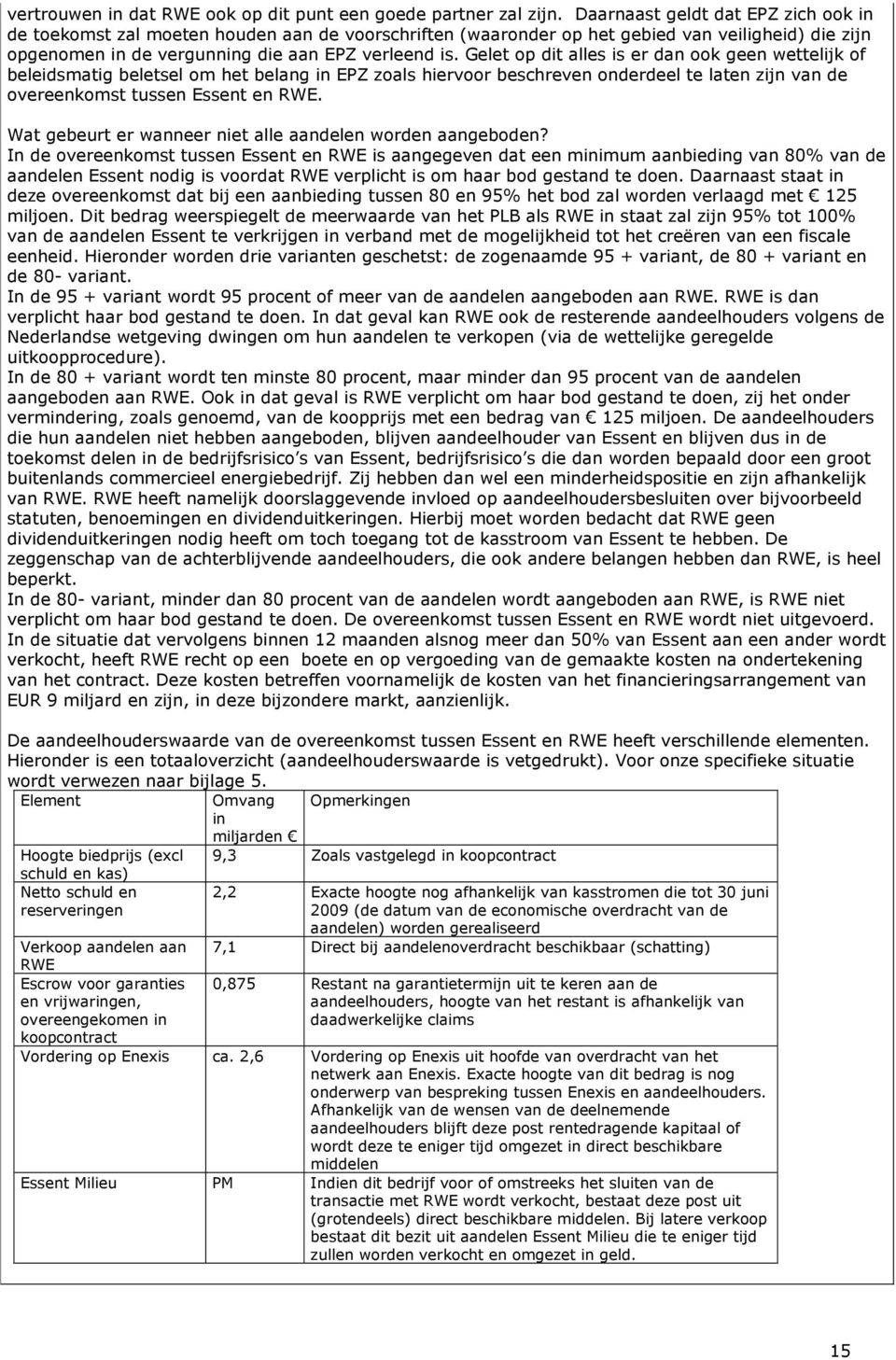 Gelet op dit alles is er dan ook geen wettelijk of beleidsmatig beletsel om het belang in EPZ zoals hiervoor beschreven onderdeel te laten zijn van de overeenkomst tussen Essent en RWE.